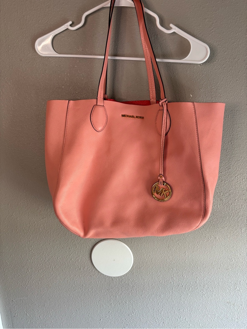 Michael Kors Coral Pink Pebbled Leather Tote with Gold Logo Charm